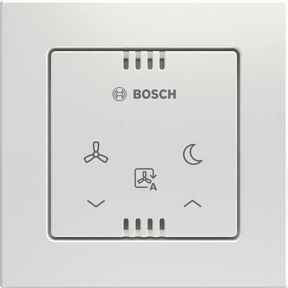 Bedieneinheit von Bosch zur Regelung der dezentralen Lüftung mit Symbolen für Lüftergeschwindigkeit und Betriebsmodus auf weißer Oberfläche.